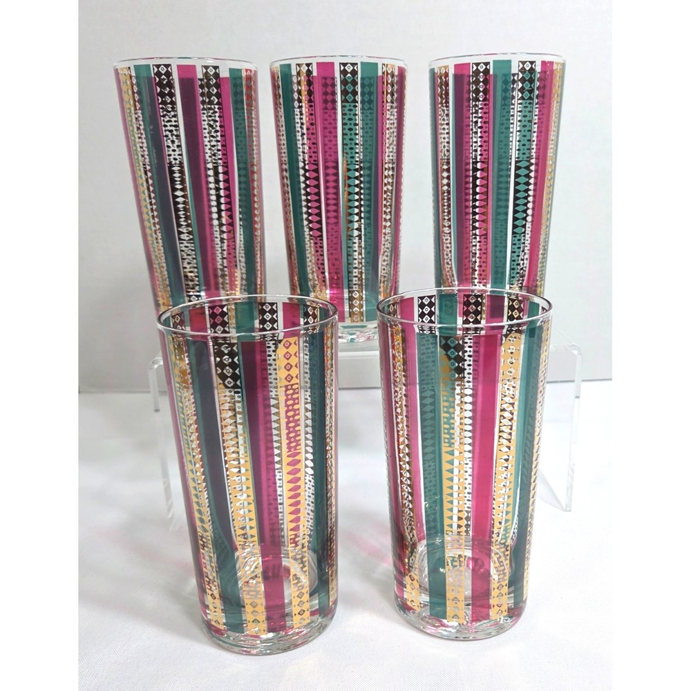 Vintage GEORGES BRIARD 22k Gold HARLEQUIN MCM Highball Cocktail Glasses Set of 5